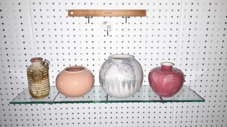 3 X VINTAGE WEST GERMAN VASES + 1935 GERMAN-MADE PINK VASE WITH HANDPAINTED FLORAL DESIGN. - CONDITION GOOD