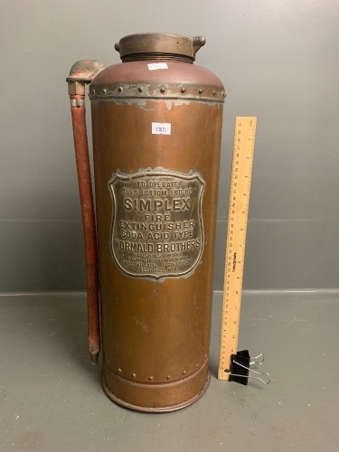 Vintage Simplex Copper Fire Extinguisher with Brass Cap