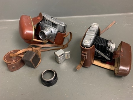 Vintage Zeiss Ikon Nettar Folding Bellows Camers in Leather Case + Agfa Super Silette in Case with Lightmeter