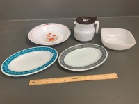 Asstd Lot of Glass ovenware inc. 2 Pyrex Platters and White Bowl, Arcopal French Floral Bowl + Glass Coffee Pot