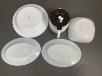 Asstd Lot of Glass ovenware inc. 2 Pyrex Platters and White Bowl, Arcopal French Floral Bowl + Glass Coffee Pot - 4