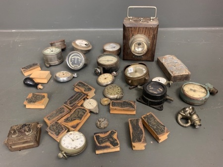 Asstd Lot of Vintage Small Clocks, Gauges, Stamps + Ever Ready Box Lamp etc