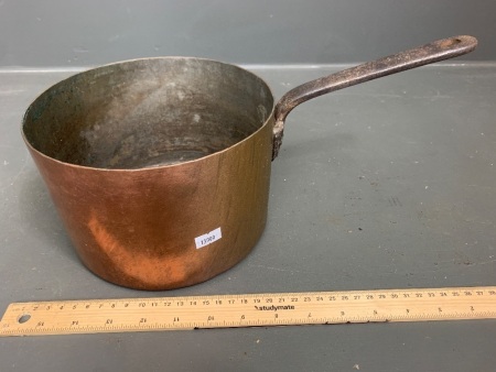 Heavy Antique Copper Saucepan with Iron Handle - Marked on Base