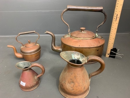 Antique Copper Kettle (As Is) + 2 Small Antique Copper Jugs and Small Kettle