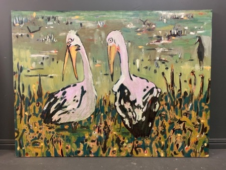 Large Original Acrylic in Canvas - 2 Pelicans - Signed Bottom Right