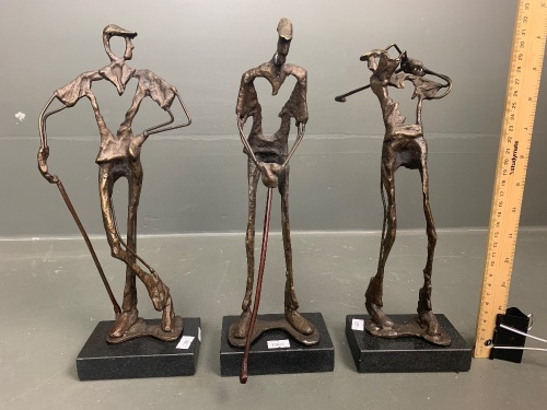 Set of 3 Contemporary Bronzed Golfing Figures on Granite Plinths