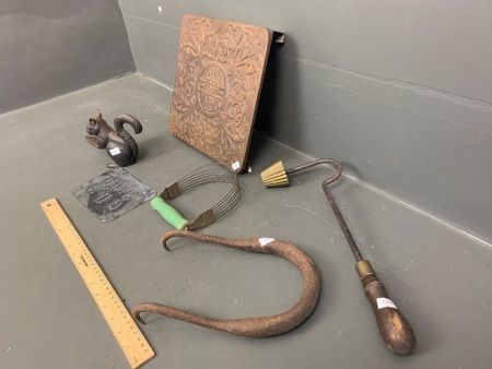 Interesting Asstd Lot of Metalware inc. Hecla Foot Warmer Plate, Iron Nutcrackers, Bale/Ice Hook, Brass Former, Stencil Etc