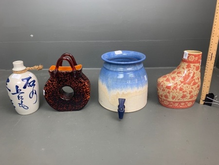 Asstd Lot of Ceramics & Glass inc. Sake Bottle, Water Dispenser, Glass Handbag etc