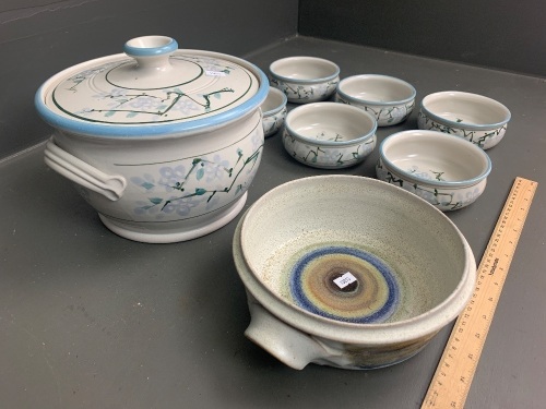 Tasmanian Tahune Pottery Soup Tureen + 6 Bowls and Pottery Bowl by Lynn McDowell