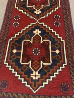 Afghan Wool Runner in Maroon with Blue and Cream Hex Design - 2