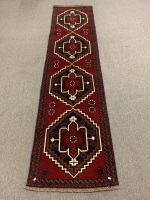 Afghan Wool Runner in Maroon with Blue and Cream Hex Design