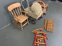 Large Asstd Lot of 3 Vintage Childs Chairs + Vintage Toy Pram and Crib - 3