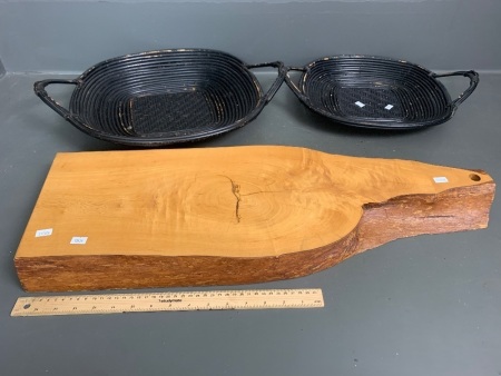 Pair of Graduated Painted Cane Bowls + Large Timber Cheese Board