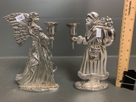 Pair of Vintage Silver Plate Christmas Themed Candlesticks