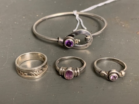 Asstd Lot of 3 Sterling Silver Rings + Sterling Silver and Amethyst Bangle