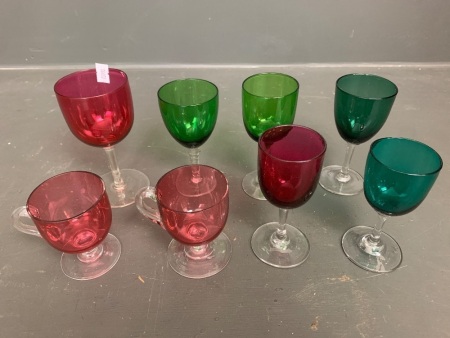 Asstd Lot of 6 x Antique Victorian Coloured Wine Glasses + 2 Cranberry Glass Custard Cups