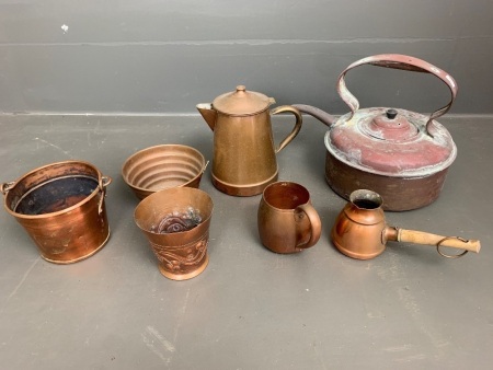 Asstd Lot of Vintage Copper Items inc. Kettle, Jug, Small Planters etc