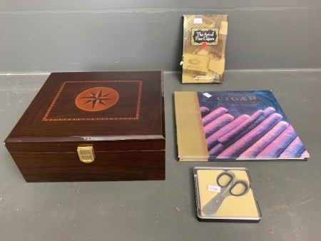 Inlaid Mahogany Cigar Box, Cigar Cutter and 2 Cigar Books