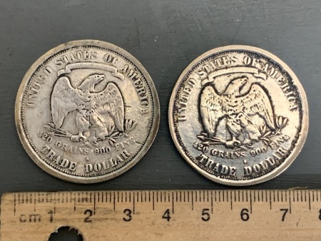 2 Vintage USA Silver Plated Trade Dollars Dated 1876