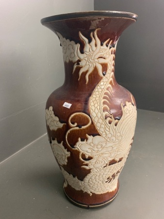 Large Brown and White Glazed Pottery Floor Standing Dragon Vase