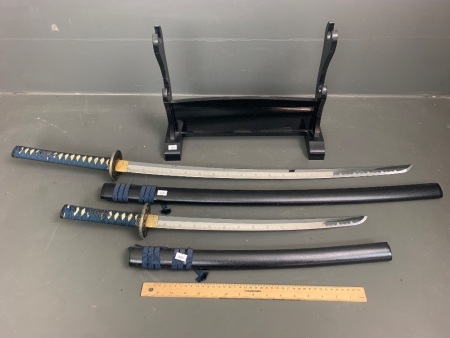 2 Heavy Samurai Swords on Stand with Wooden Sheaths