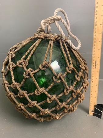 Large Vintage Green Glass Fishing Float in Mostly Original Netting