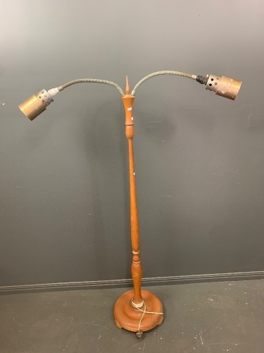 Vintage Retro Timber Standard Lamp with 2 Adjustable Goosenecks for Restoration