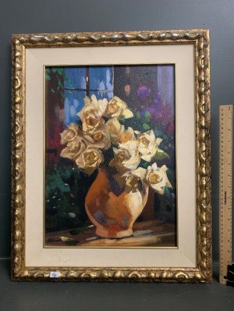 Original Framed Oil on Canvas - Yellow Roses - by Wolfgang Lammle - Signed Bottom Left