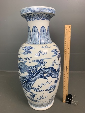 Large Vintage Hand Painted Blue and White Dragon Floor Vase - Kangxi Mark to Base