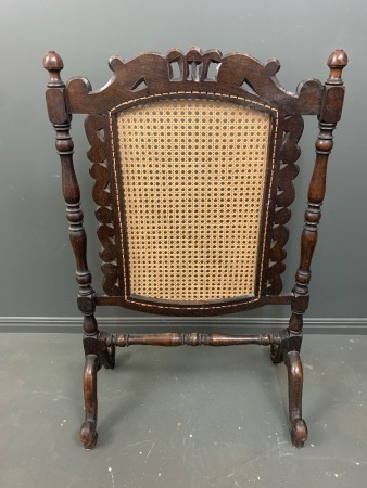 Antique Carved and Spindle Turned Oak Fire Screen with Split Cane Panel