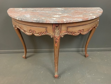 Vintage Carved Timber 3 Legged Base with Marble Top Demi Lune Console Table