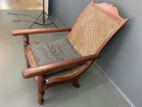 Wide Antique Caned Timber Planters Chair with Swivel Arms + Cushion - Seat As Is - 3