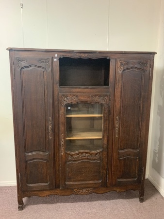 Vintage European Timber Pantry Cabinet with Adjustable Shelves Each End and Glazed Central Display - With Keys