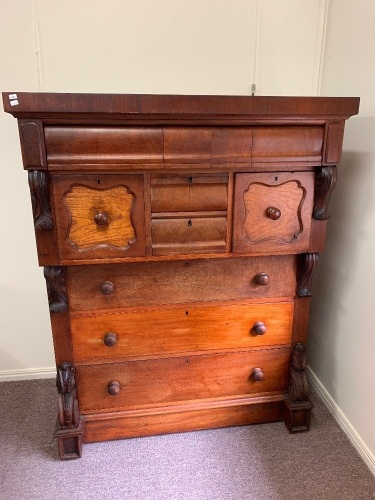 Antique 8 Drawer Red Cedar Tallboy with Acanthus Carved Mouldings. 2 Small Cantre Doors have Replacement Locks with Key