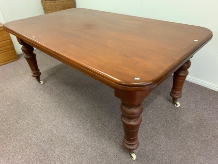 Antique 8 Seater Dining Table on Turned Legs with Ceramic Casters - Long Drawer Each End to Half Length of Table