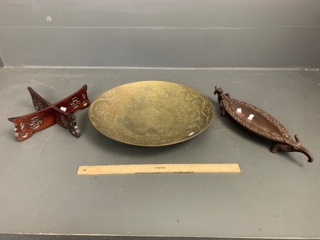 Asian Incised Brass Bowl on Carved Timber Stand + Vintage Carved Tribal Dish