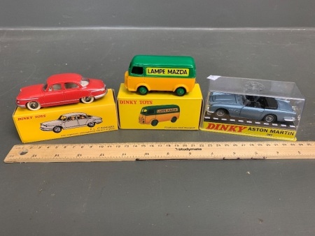 3 x Dinky Collectors Cars in Original Boxes - Aston Martin - Fourgon Tole Peugeot - P.L. 17 Panhard