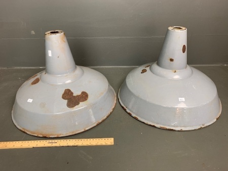 Pair of Large Vintage Industrial Grey Enamelled Lightshades