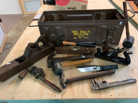 Vintage Steel Ammo Box with Selection of Quality Tools inc. Planes, Hammers, Scribers Etc