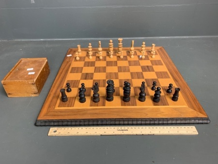 Vintage Large Mixed Timbers Chessboard with Set of Boxwood Chess Pieces