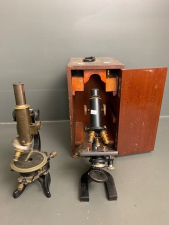 Antique Brass & Steel Scientific Microscope in Original Box with Spare Lens by Spencer Lens Co. New York forÂ  Silberberg & Co Sydney & Melbourne c1910/20 + Another for Restoration