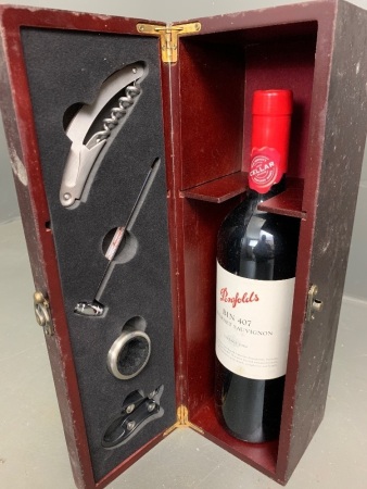 Unopened Bottle of 2002 Vintage Penfolds Bin 407 Cab Sauv in Presentation Box with Thermometer, Penknife etc