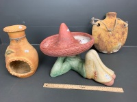 Asstd Lot of 3 Mexican Pottery and Garden Items inc. Concrete Mex Bird Bath