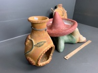 Asstd Lot of 3 Mexican Pottery and Garden Items inc. Concrete Mex Bird Bath - 2