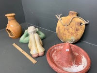 Asstd Lot of 3 Mexican Pottery and Garden Items inc. Concrete Mex Bird Bath - 3