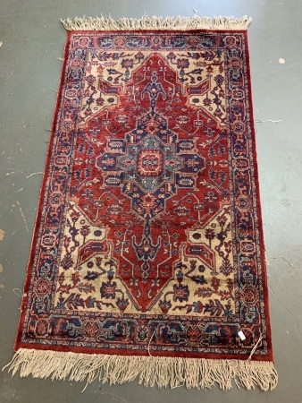 Vintage Thin Silk Rug in Reds and Blues