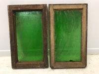 Pair of Small Timber Framed Green Glass Windows