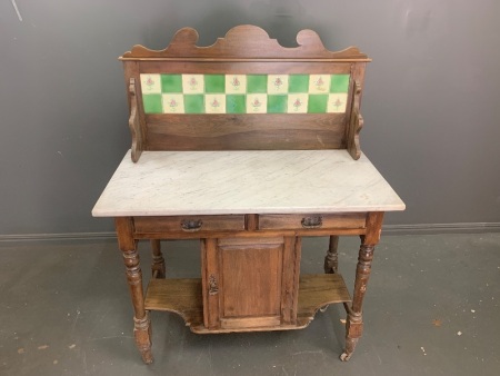 Antique Marble Topped Washstand with 2 Drawers, 1 Door and Original Tiled Splashback