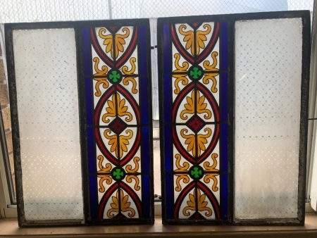 2 x Antique French Steel Framed Windows with Hand Painted Stained Glass Panels + 2 Arched Panels for Restoration