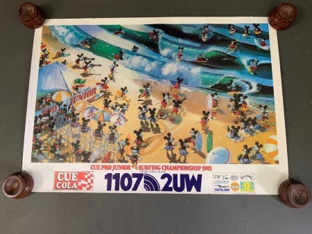 2 x Vintage Mickey Mouse c1981 Cue Pro Junior Surfing Championship Posters for 1107 2W Radio - Rolled